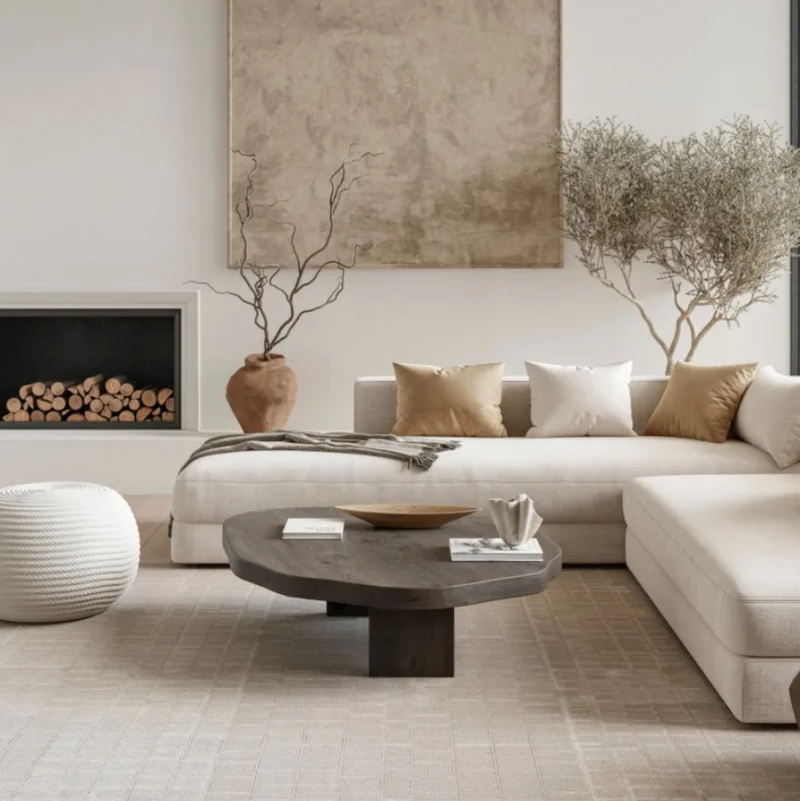 Neutral area rug in a modern home by Bockrath Flooring and Rugs