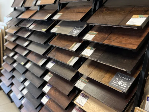 Hardwood Flooring samples in a bright flooring showroom