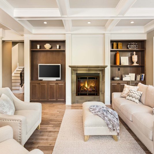 Traditional Style Living Room with light area rug and seating