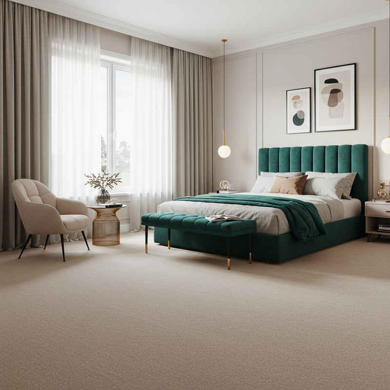 Modern bedroom with beige carpet flooring in Dayton OH