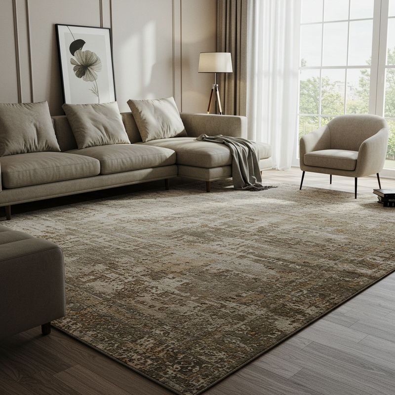Distressed vintage look area rug in a bright and modern living room